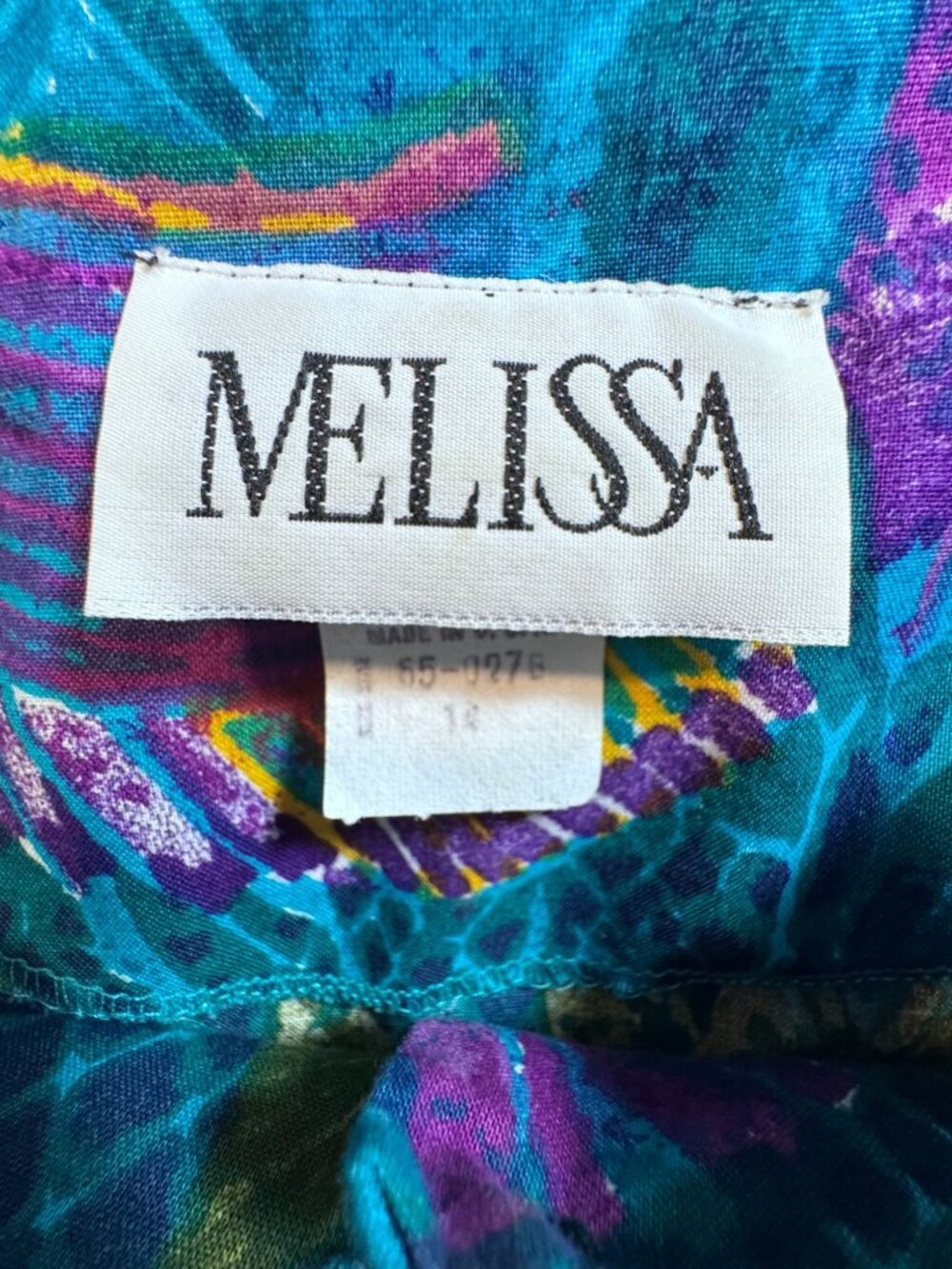 Vintage 80s Melissa Teal Abstract Tropical Print Midi Dress Pockets - Large - Picture 9 of 10